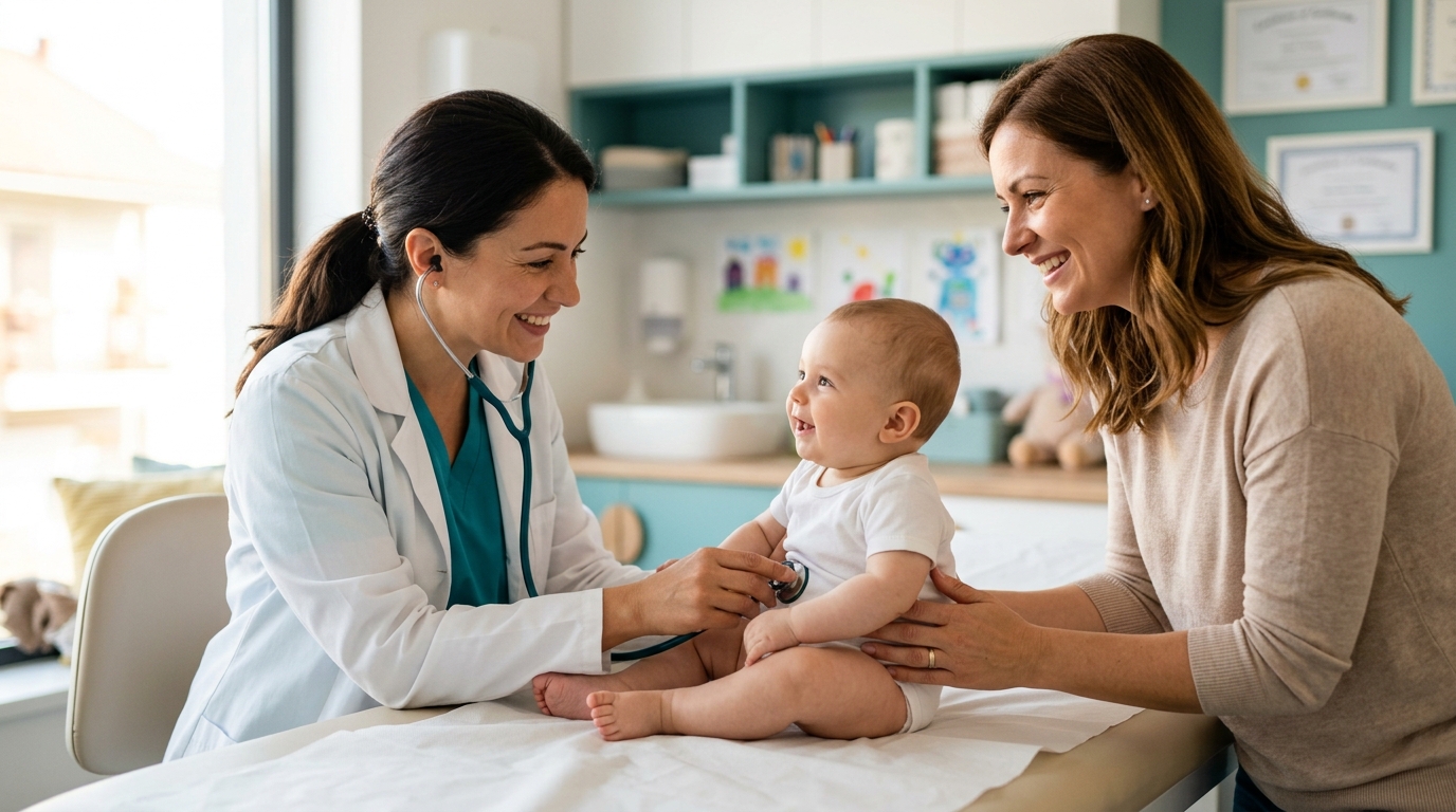 Female pediatrician gently examining an infant on an exam table while a caring mother watches in a modern pediatric gastroenterology clinic