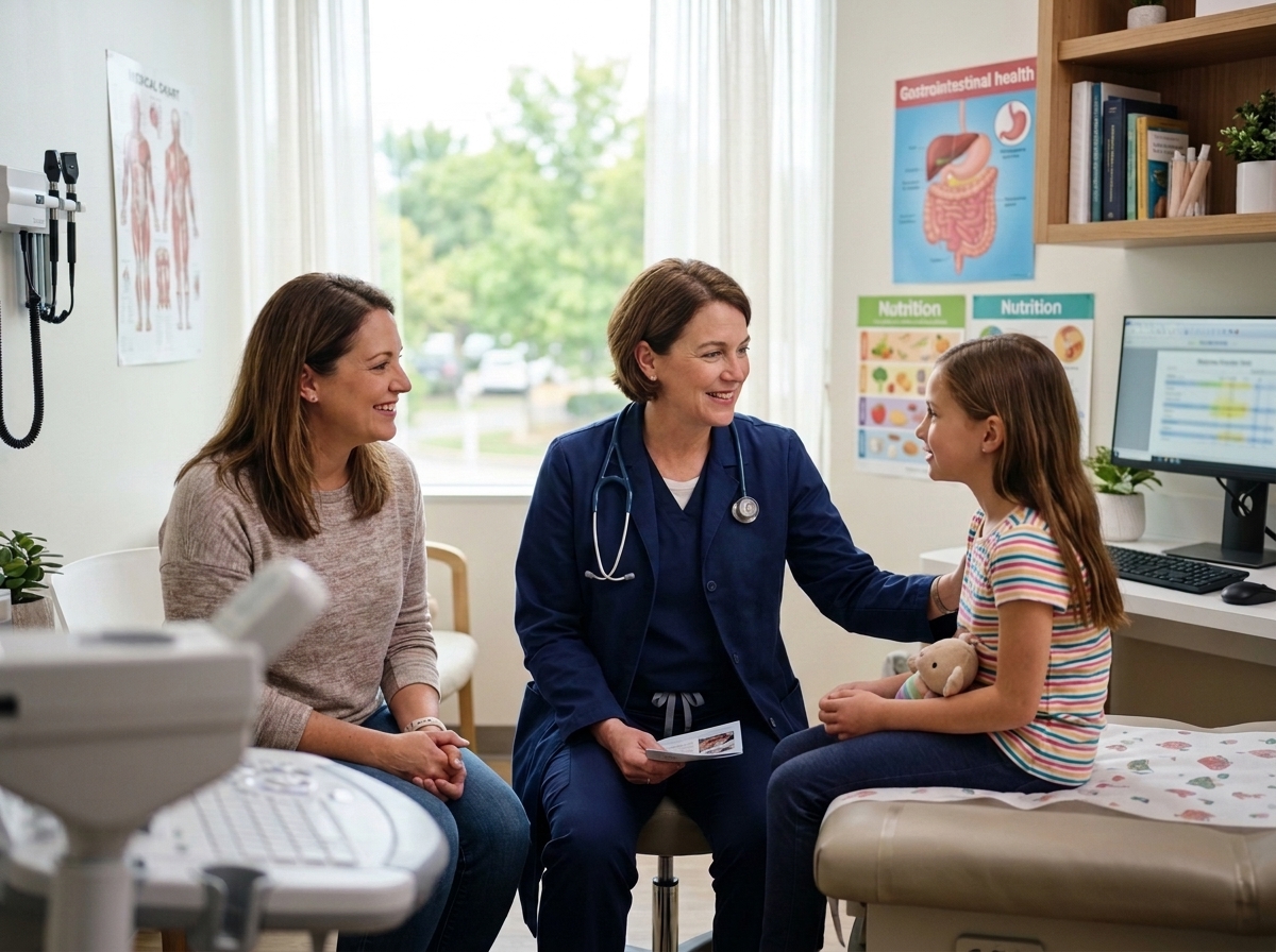 Pediatric gastroenterologist consulting with child and mother about Crohn's disease