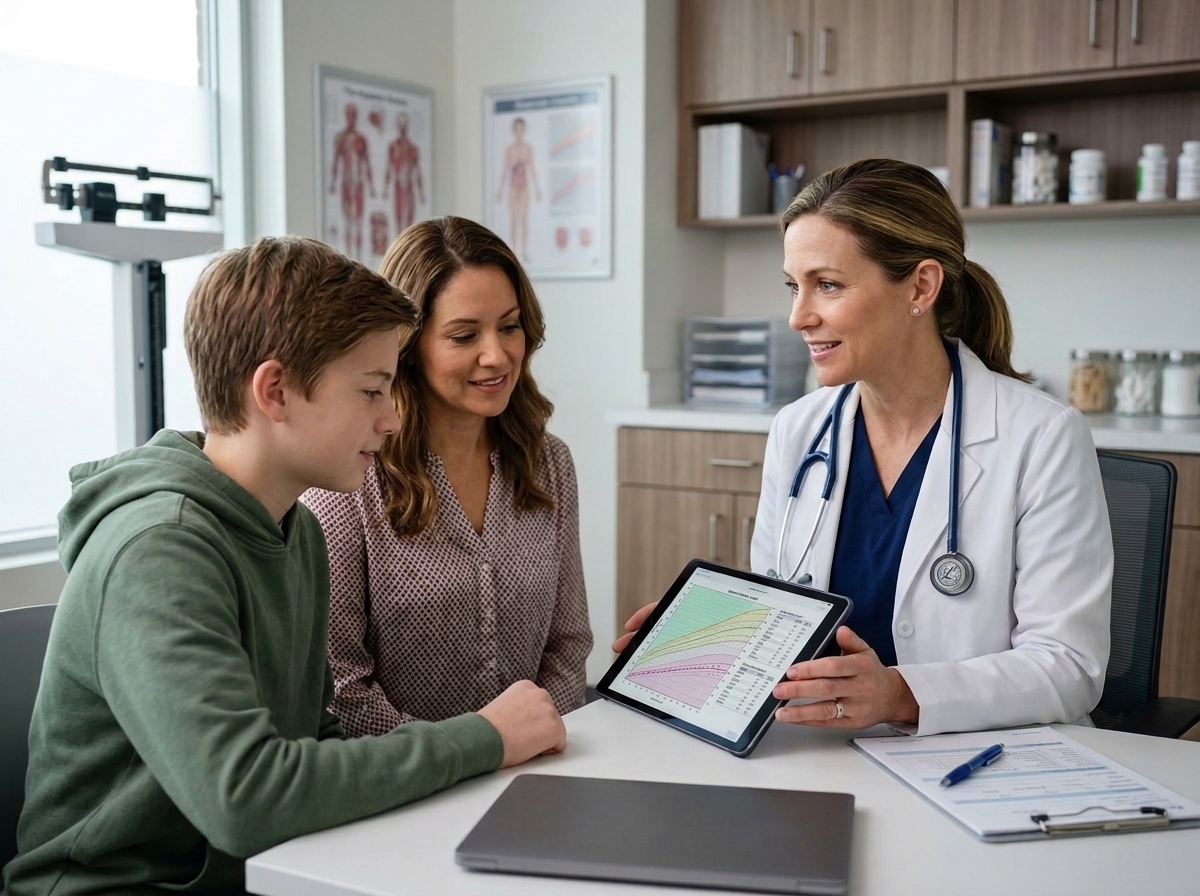 Pediatric gastroenterologist reviewing growth charts and diagnostic information on a tablet