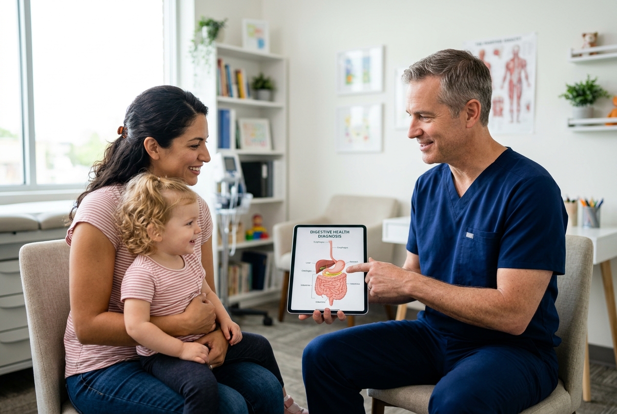 Pediatric gastroenterologist explaining GI bleeding evaluation plan to teenager and father