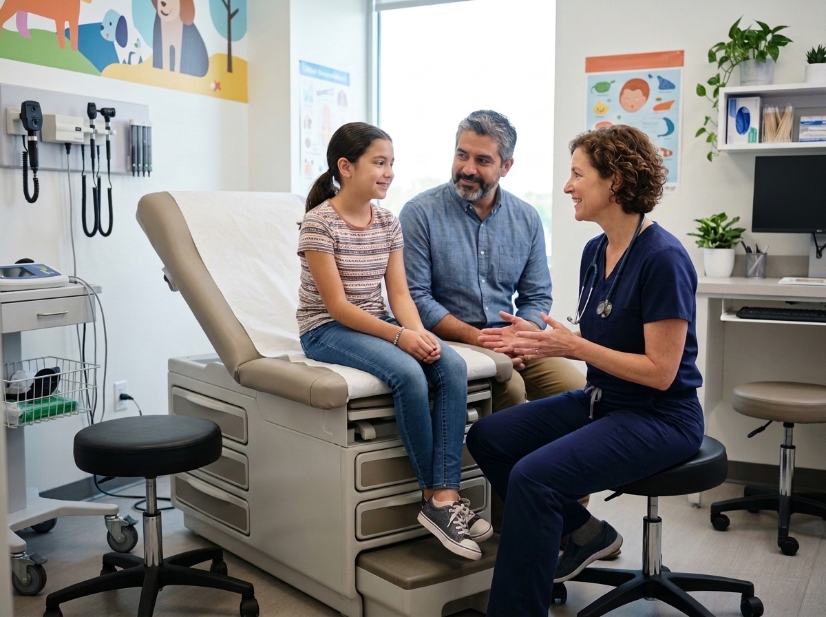 Pediatric gastroenterologist physician consulting with child and father about ulcerative colitis